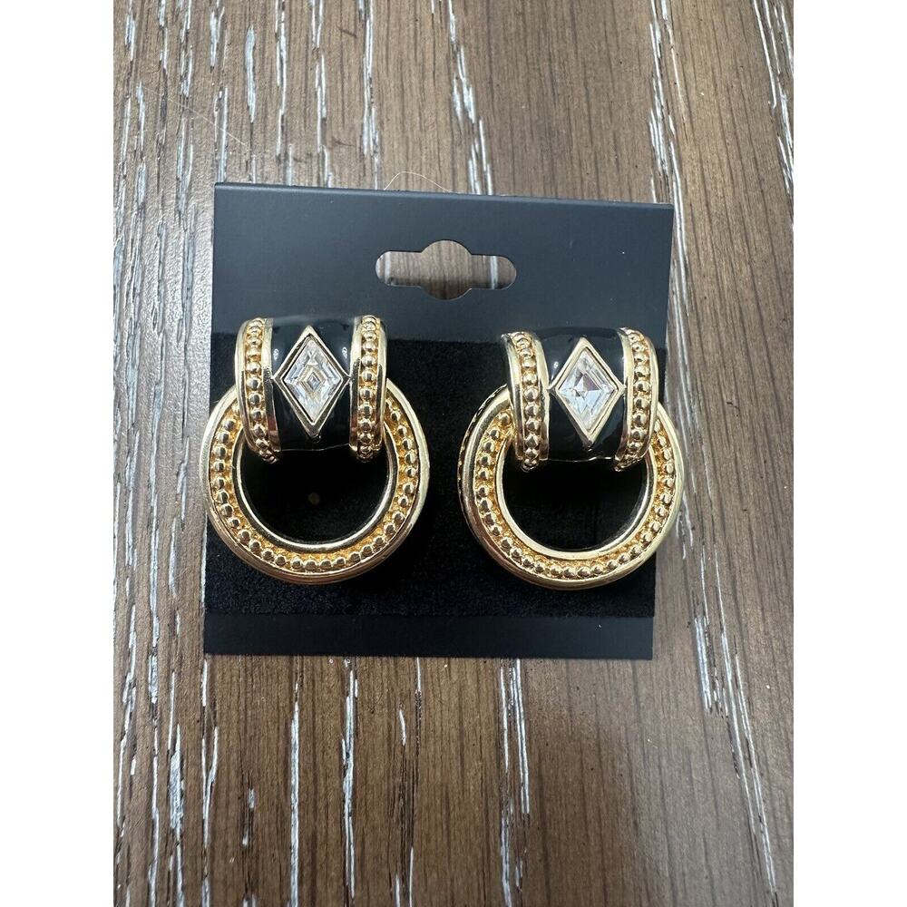 Vintage Genuine Swarovski Swan Large Crystal Black Enamel G T Pierced Earrings